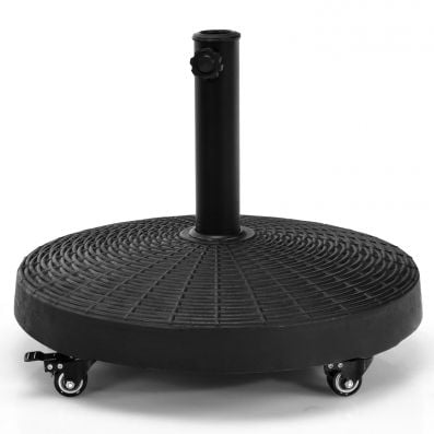 24KG resin umbrella base with lockable wheels and adjustable hole, designed for stability and easy mobility.