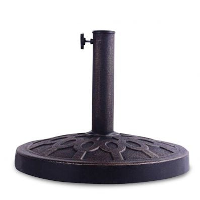 Resin patio umbrella base with decorative pattern, 45cm diameter, fits 38-48mm poles, ideal for outdoor stability.
