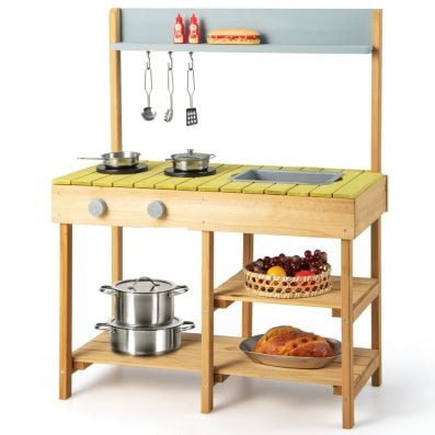 Wooden outdoor mud kitchen set with removable water box, featuring shelves and hooks for kids aged 3+, perfect for.