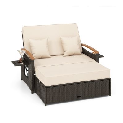 Outdoor Wicker Daybed Rattan Woven Loveseat with Storage Ottoman