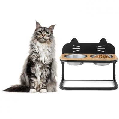 Elevated pet feeder for cats with 2 stainless steel bowls, adjustable height for comfort and joint protection.