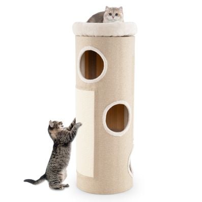Multi-tier beige cat house with plush perch, 3 cozy caves, and scratching posts for multiple cats' comfort and play.