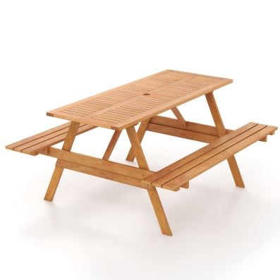 Natural hardwood picnic table with slatted design and reinforced crossbar, perfect for outdoor dining and gatherings.