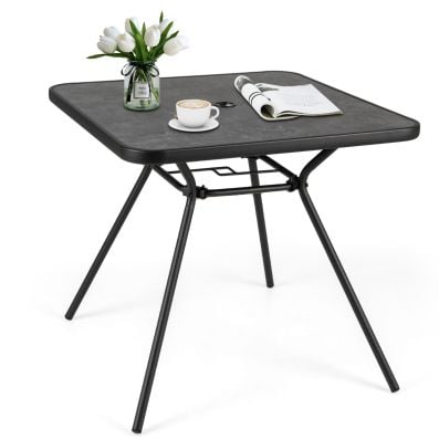 Square patio dining table with SPC top, umbrella hole, and robust metal frame, ideal for outdoor gatherings.
