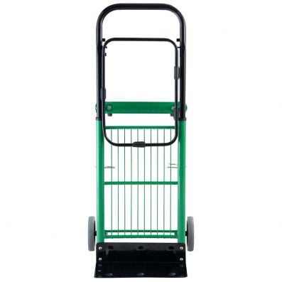 Multi-purpose folding sack barrow with sturdy steel frame and green non-slip wheels, ideal for transporting heavy items.