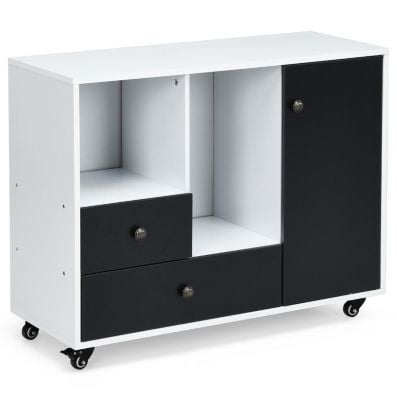 Lateral stationery storage cabinet with 2 drawers and 2 compartments, featuring a modern design and rolling casters for.
