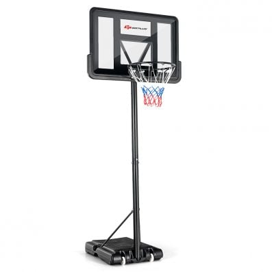 Portable basketball hoop with adjustable height from 1.35m to 3.05m, featuring a durable backboard and stable base.