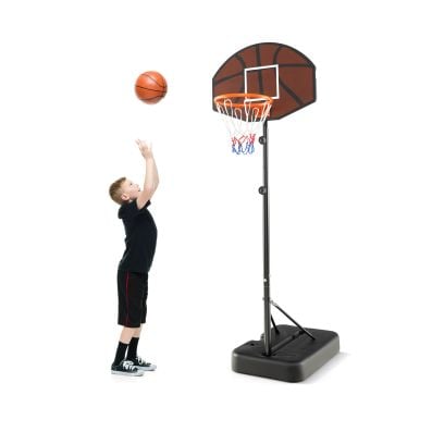 Height-adjustable basketball hoop for kids, featuring a shatterproof backboard and portable fillable base for stability.