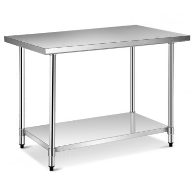Stainless steel catering table with adjustable undershelf and leveling feet, ideal for food prep and storage in.