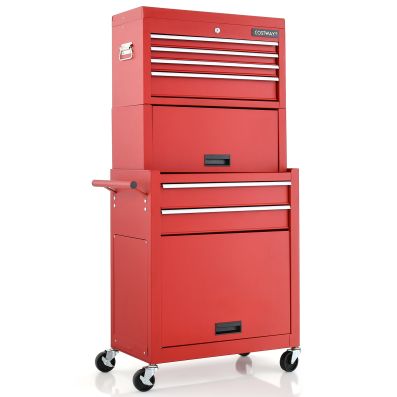 Lockable Tool Storage Cabinet with Handle, Drawers, Wheels and EVA Liner-Red & Black