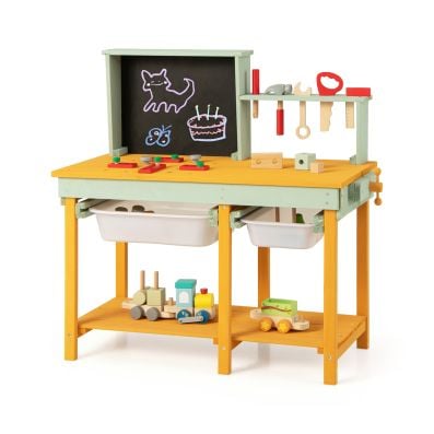 Kids wooden toy workbench with blackboard, featuring 16 accessories and ample storage for creative play and learning.