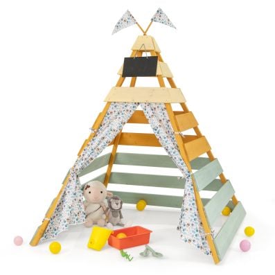 Wooden play tent teepee for kids aged 3-8, featuring removable chalkboard and colorful curtains for imaginative play.