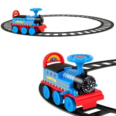 Colorful electric ride-on toy train with track, featuring lights, sounds, and hidden storage for kids ages 3+.
