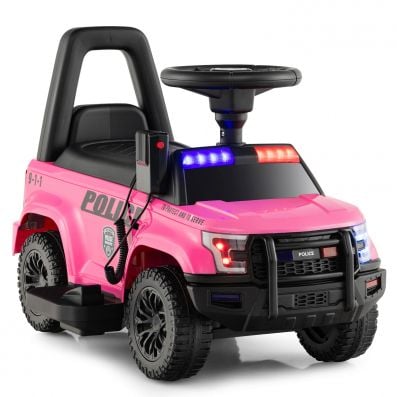 Pink 6V kids ride-on police car with flashing lights, megaphone, and hidden storage for fun and safe riding.