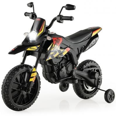 Black 12V battery-powered toddler motorbike with training wheels, music, and headlights for kids aged 3-8 years.