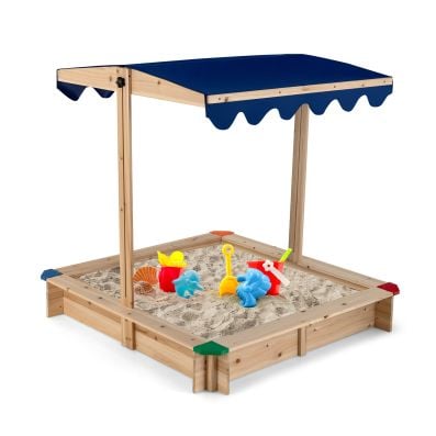 Wooden kids sandbox featuring a wide seating area and durable cedar wood, providing a safe spot for play and relaxation.