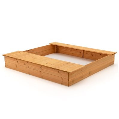 Covered wooden kids sandbox with two storage boxes, spacious seating area, and bottomless design for easy sand.