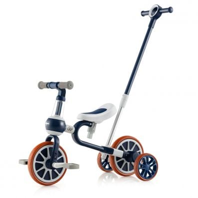 Multifunctional kids balance trike in navy with adjustable push handle, suitable for ages 2-4, designed for safety and.