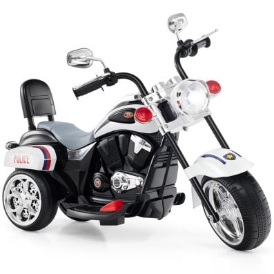 Kids electric motorcycle in black with police design, featuring a headlight and three-wheel stability for safe riding.