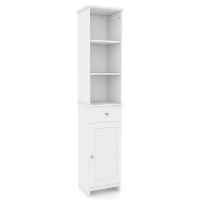 Tall white bathroom cabinet featuring adjustable shelves, a utility drawer, and a cabinet for organized storage.