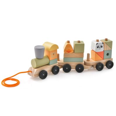 Wooden toy train with stackable building blocks, featuring cute animal patterns, designed for imaginative play and fine.