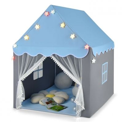 Large kids playhouse tent in blue with star lights, spacious for play and reading, includes washable mat and net.