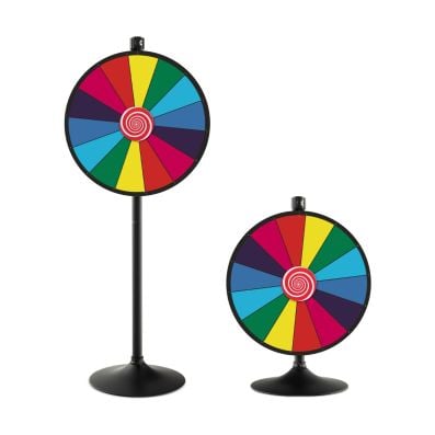 Colorful 60 cm spinning prize wheel with stand, suitable for tabletop or floor use at events and trade shows.