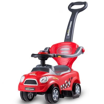 Kids 3 in 1 ride on car in red with detachable push handle, musical steering wheel, and under-seat storage for toys.