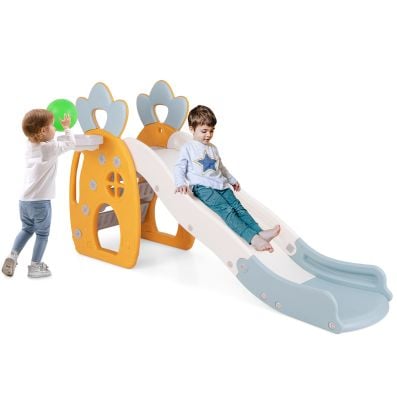 Freestanding kids slide with climbing ladder and basketball hoop, made of HDPE, perfect for indoor play for ages 3+.