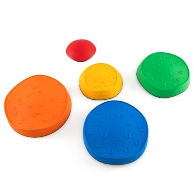 Colorful 5-piece kids' stepping stone set in various sizes, made from safe PP materials for balance and coordination.