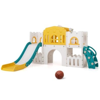 L-shaped toddler slide playset with yellow accents, featuring slides, tunnel, and climbing elements for active play.