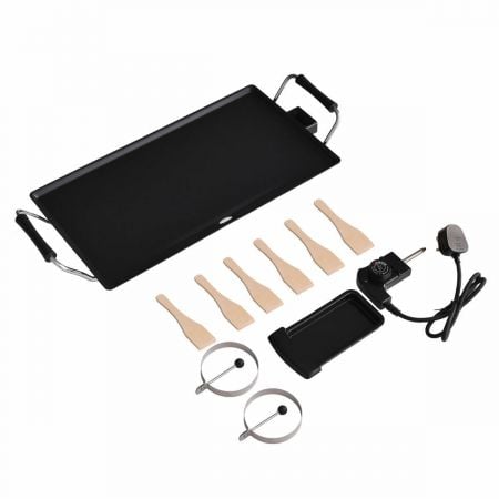 Electric teppanyaki table griddle with non-stick surface, 2000W power, and included spatulas for versatile cooking.