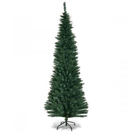 7ft pencil slim artificial Christmas tree with a metal stand, featuring a realistic green design for easy holiday.