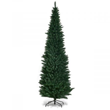 8ft artificial pencil slim Christmas tree with sturdy metal stand, perfect for festive decoration in limited spaces.