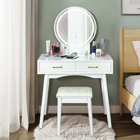 Vanity Mirrored Dressing Table and Stool with 2 Drawers