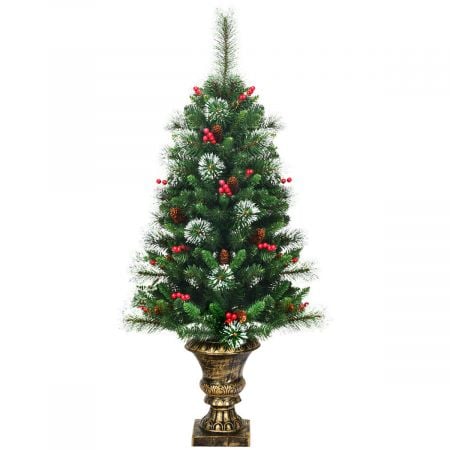 4FT artificial Christmas tree with pine cones and red berries in a decorative urn pot, perfect for outdoor holiday.