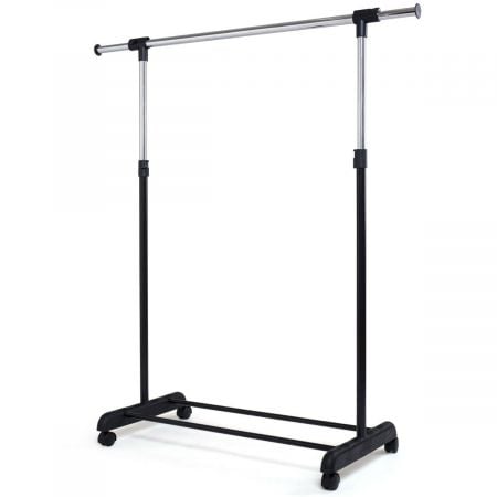 Adjustable garment rack with wheels, made from coated metal, extends in height and width for versatile hanging space.