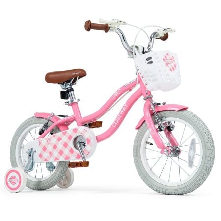 Peach pink 14-inch girls bike with basket, adjustable seat, dual brakes, and training wheels for kids aged 3-5 years.