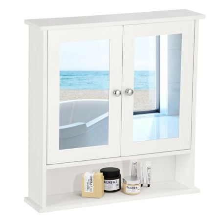 Wooden hanging medicine organizer with mirror, featuring adjustable shelf and ample storage for bathroom or living room.