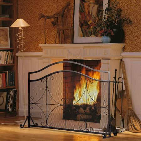 Room Divider Metal Fire Gate with Automatically Close Door Hearth Gate 305cm Fireplace/Pet Fence COSTWAY Baby Safety Playpen 