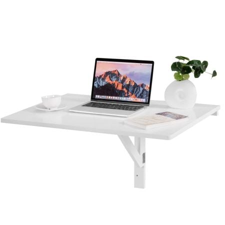 Wall-mounted white drop leaf table made from eco-friendly MDF, ideal for small spaces as a workspace or breakfast table.