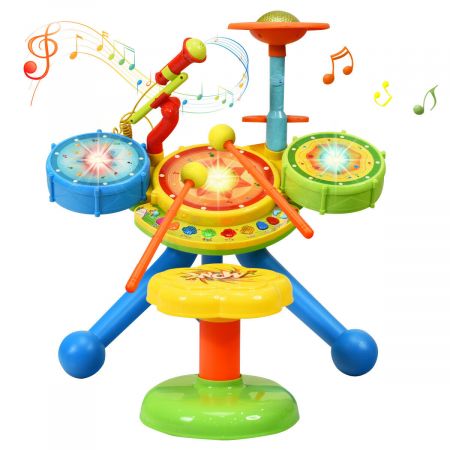 Brightly colored kids drum set with microphone, lights, and stool, designed for creative musical play and sensory.