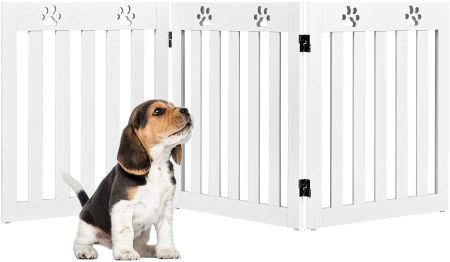Folding 3-panel pet gate in white with decorative paw cut-outs, ideal for blocking doorways and stairs for dogs.