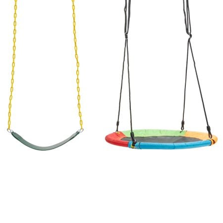 Belt swing and saucer swing set for kids, made of durable 600D oxford cloth and EVA plastic, perfect for outdoor play.