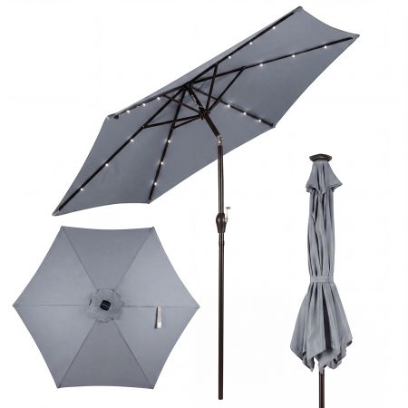 Grey 2.7m garden parasol with tilt and crank handle, featuring built-in lights for outdoor relaxation.