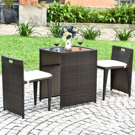 Open-Weave Wicker Armchairs w Warm Gray Cushions Pool COSIEST 3-Piece Outdoor Patio Furniture Taupe Backyard Frosted-Glass-Top Table Bistro Set for Garden 2 Turquoise Lumbar Pillows 