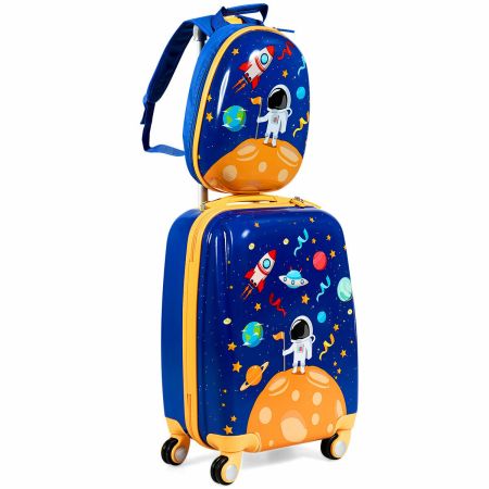 Kids' navy blue astronaut luggage set with hard shell, adjustable straps, and 360-degree wheels for easy travel.