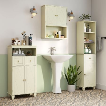 Three-piece bathroom cabinet set in light green with diamond pattern, featuring floor, tall, and wall cabinets for.
