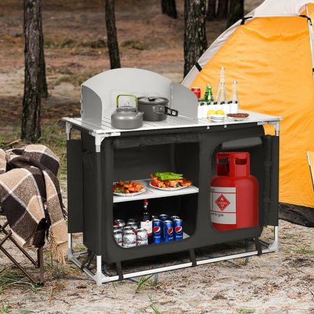 Portable Camping Table with Storage Cubes, Windshield and Bowl