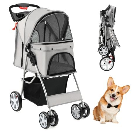 4-wheel folding pet stroller in grey with adjustable canopy, storage basket, and mesh windows for ventilation and.